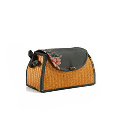 Bamboo woven handheld shoulder bag Handwoven Shoulder Bag with Floral Fabric, Vintage Style