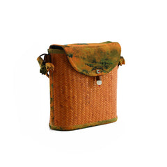Bamboo woven handheld shoulder bag Handwoven Shoulder Bag with Floral Fabric, Vintage Style