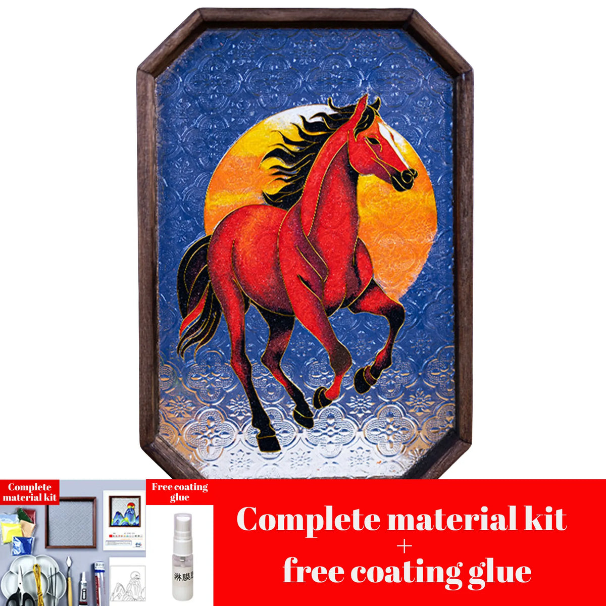 Red horse and sunset design in an octagonal frame for the cloisonne-inspired DIY art kit