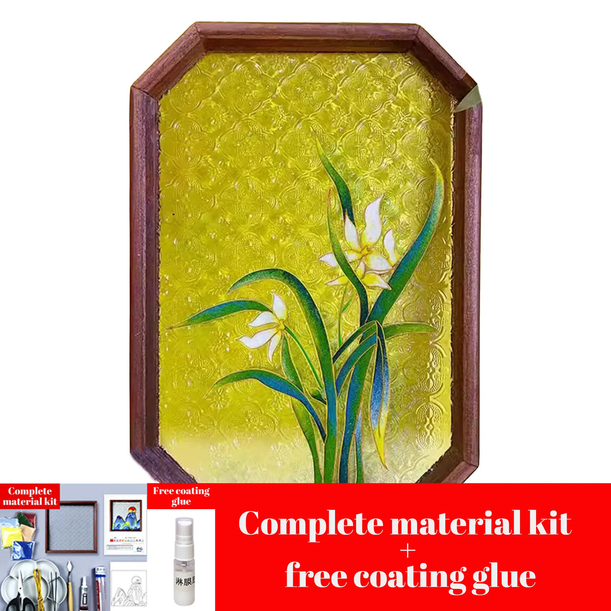 White orchid design in an octagonal frame for the cloisonne-inspired DIY art kit