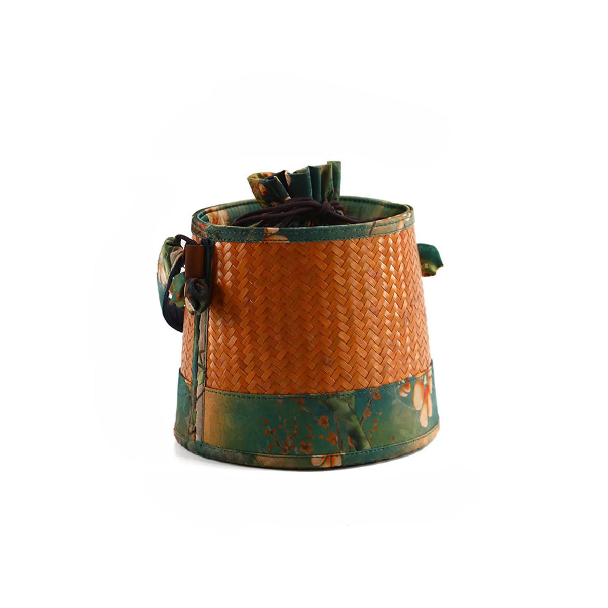 Bamboo woven handheld shoulder bag Handwoven Shoulder Bag with Floral Fabric, Vintage Style