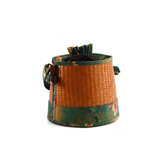 Bamboo woven handheld shoulder bag Handwoven Shoulder Bag with Floral Fabric, Vintage Style