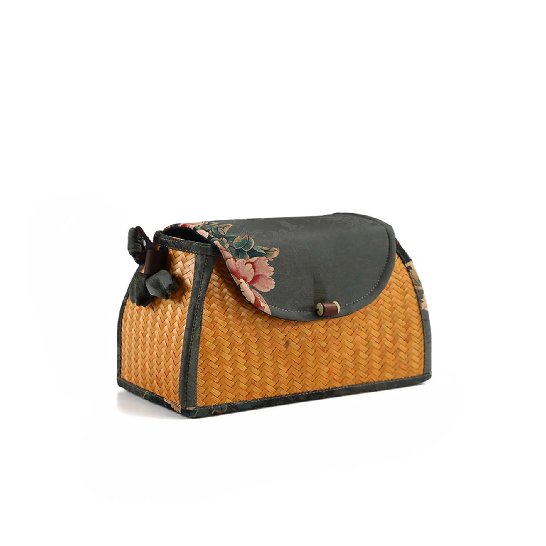 Bamboo woven handheld shoulder bag Handwoven Shoulder Bag with Floral Fabric, Vintage Style