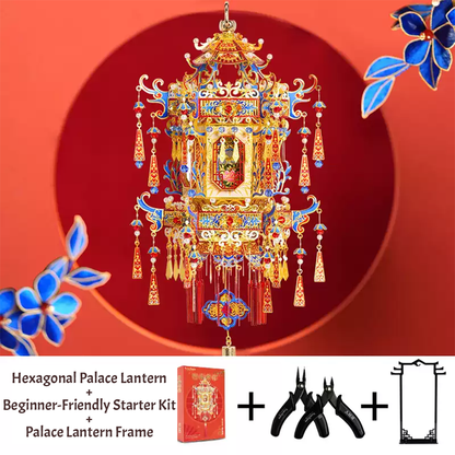 Palace lantern Complete Kit illustration showing the model, product box, tools and stand