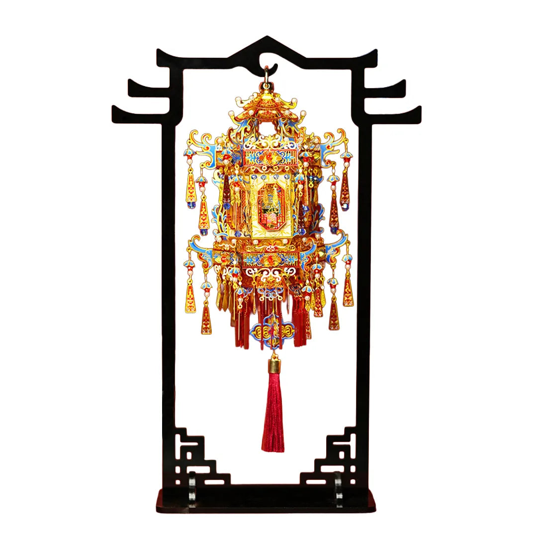 Completed ornate palace lantern metal model with a red tassel