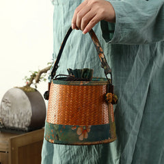 Bamboo woven handheld shoulder bag Handwoven Shoulder Bag with Floral Fabric, Vintage Style