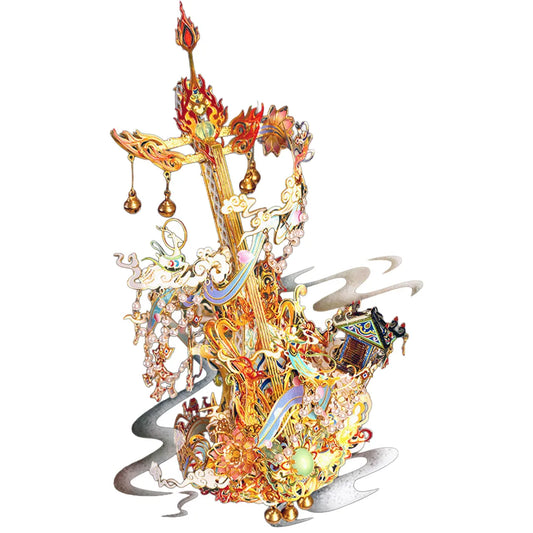 Gold-coloured Feitian pipa metal model with decorative flowing shapes and hanging bell details