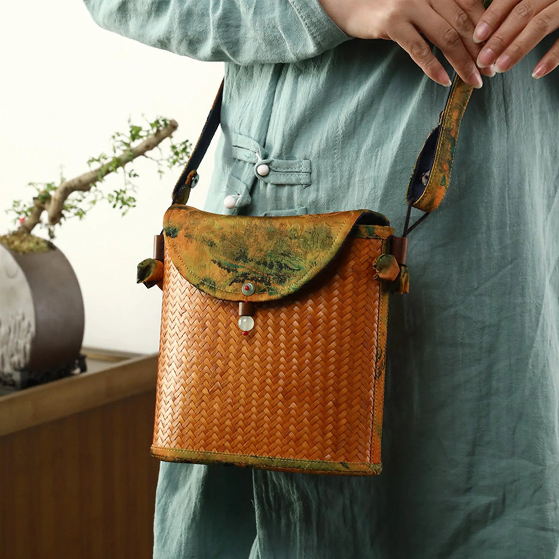 Bamboo woven handheld shoulder bag Handwoven Shoulder Bag with Floral Fabric, Vintage Style