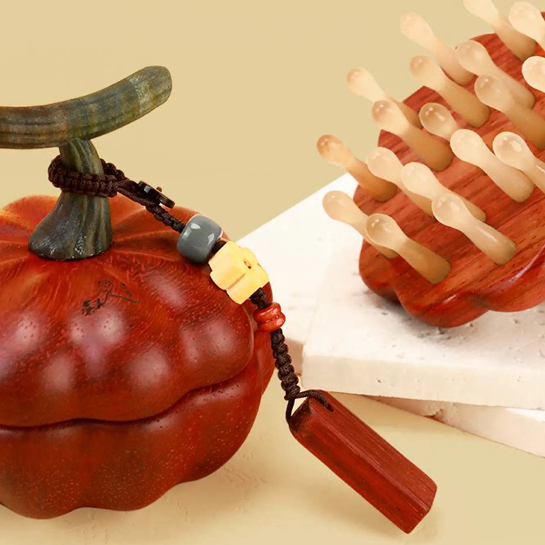 Pumpkin-shaped Massage Comb "Little Golden Gourd" Massage Comb – Buffalo Horn & Rosewood, Traditional Chinese Scalp Care Gift Set
