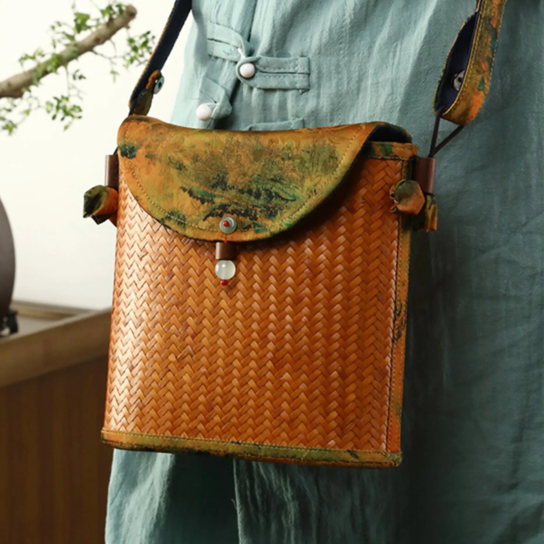 Bamboo woven handheld shoulder bag Handwoven Shoulder Bag with Floral Fabric, Vintage Style